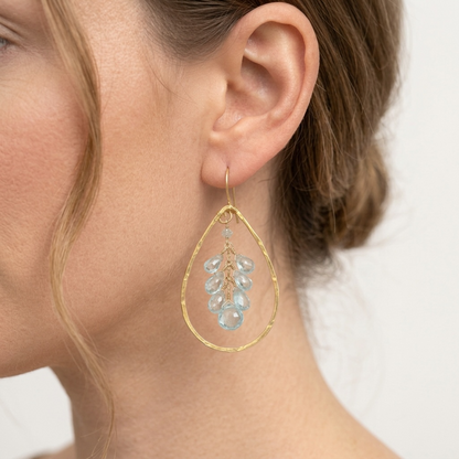 18K Gold Vermeil Hammered Teardrop Hoop Earrings with Blue Topaz