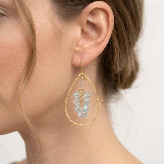 18K Gold Vermeil Hammered Teardrop Hoop Earrings with Blue Topaz