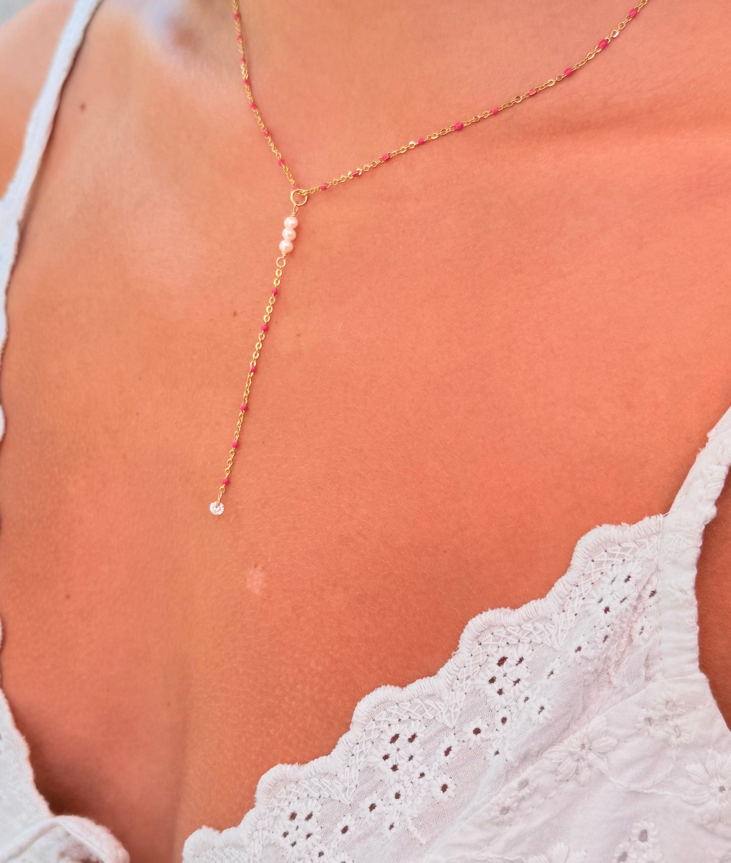 Pink Bead & Pearl Gold Lariat Necklace