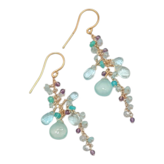 Chalcedony, Blue Topaz & Amethyst Cluster Earrings