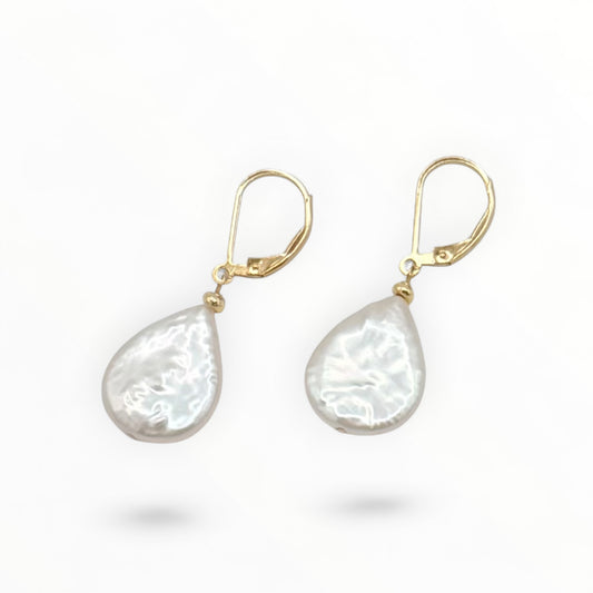 Baroque Pearl Teardrop Earrings with Gold Leverback Hooks