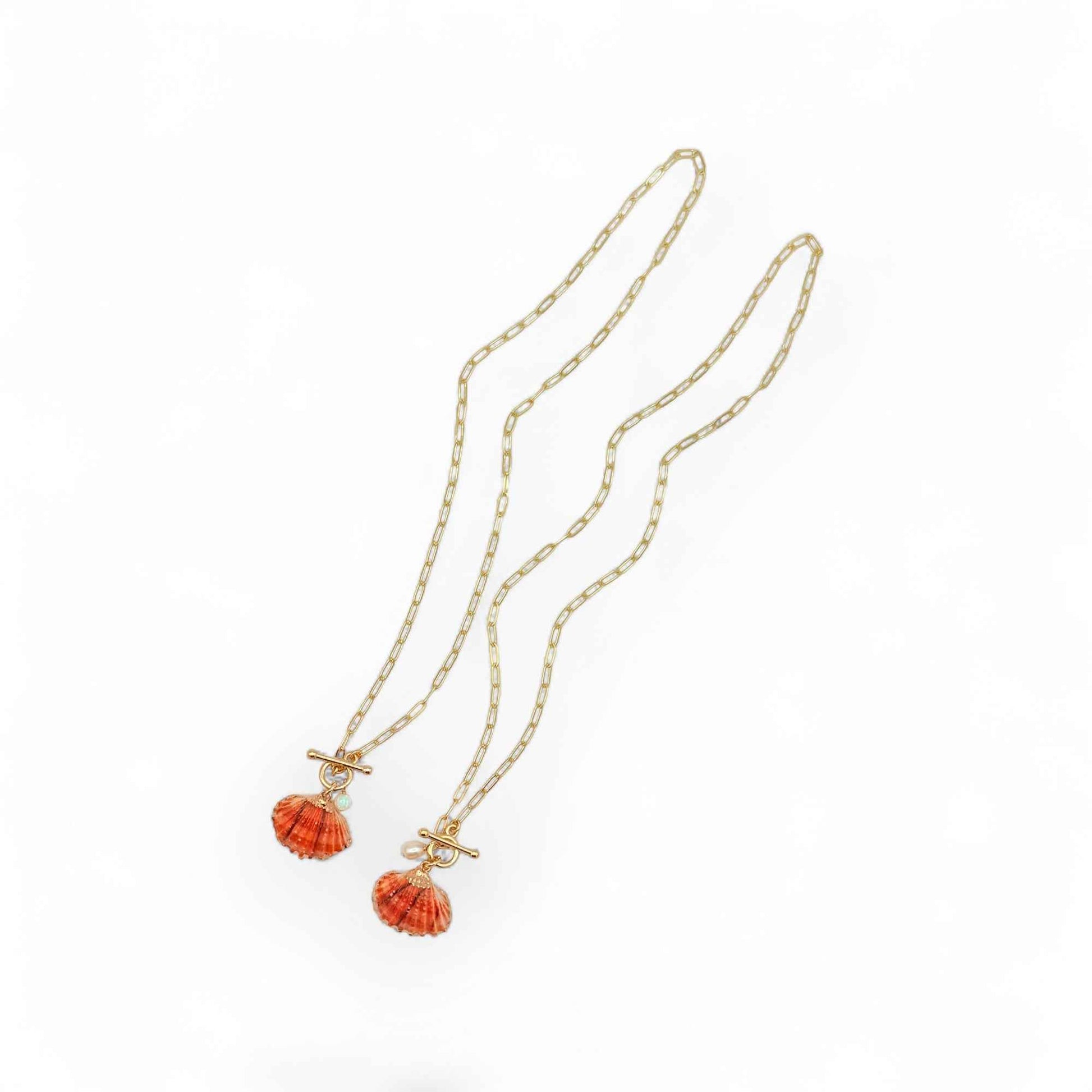 Orange Pectin Shell Toggle Necklace with Opal or Pearl Charm