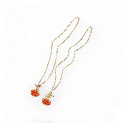 Orange Pectin Shell Toggle Necklace with Opal or Pearl Charm