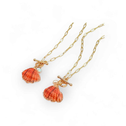 Orange Pectin Shell Toggle Necklace with Opal or Pearl Charm