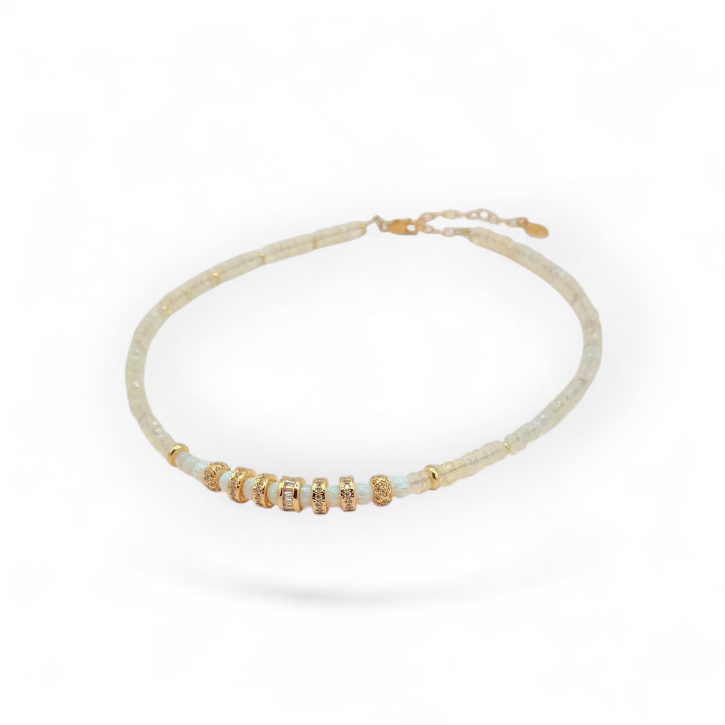 Opal Beaded Choker Necklace with Zircon Faceted Wheels