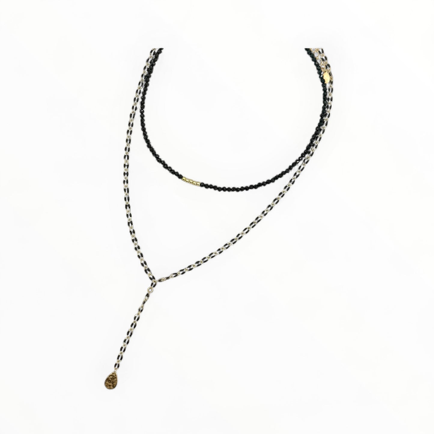Black Enamel Lariat Necklace with Hammered Gold Drop