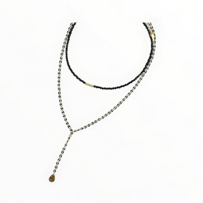 Black Enamel Lariat Necklace with Hammered Gold Drop