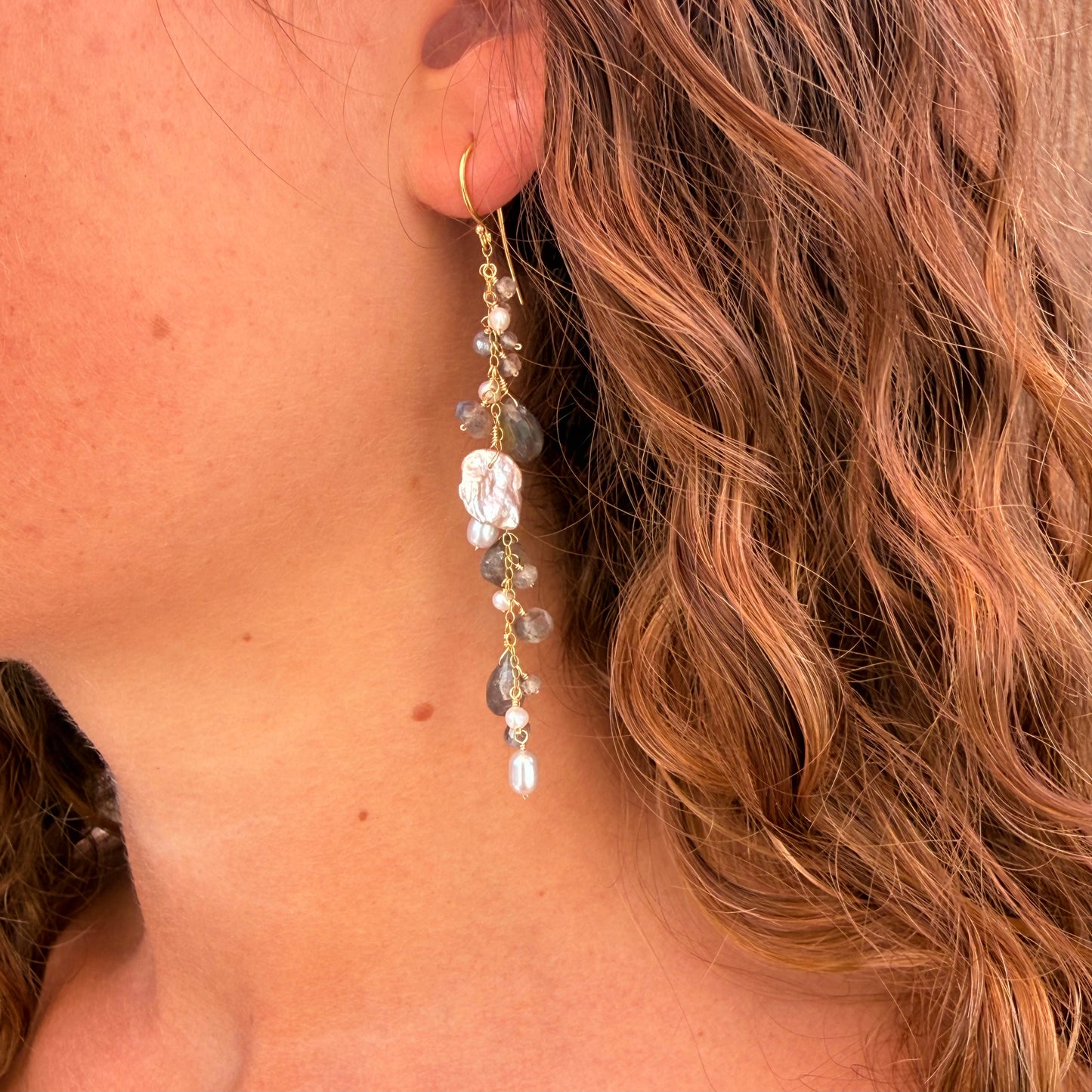 Labradorite Pearl & Gold Cluster Earrings