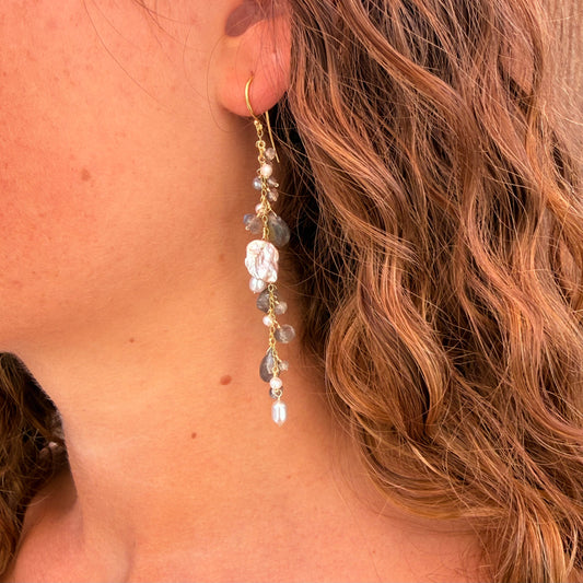 Labradorite Pearl Gold Cluster Earrings