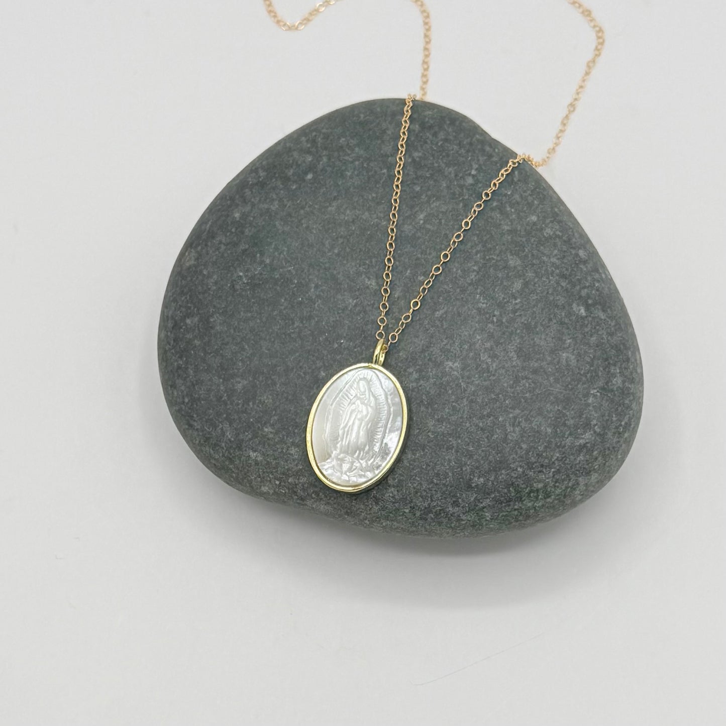 Carved Mother of Pearl Blessed Mother Necklace