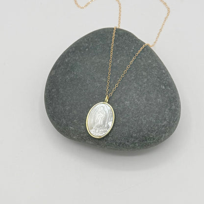 Carved Mother of Pearl Blessed Mother Necklace