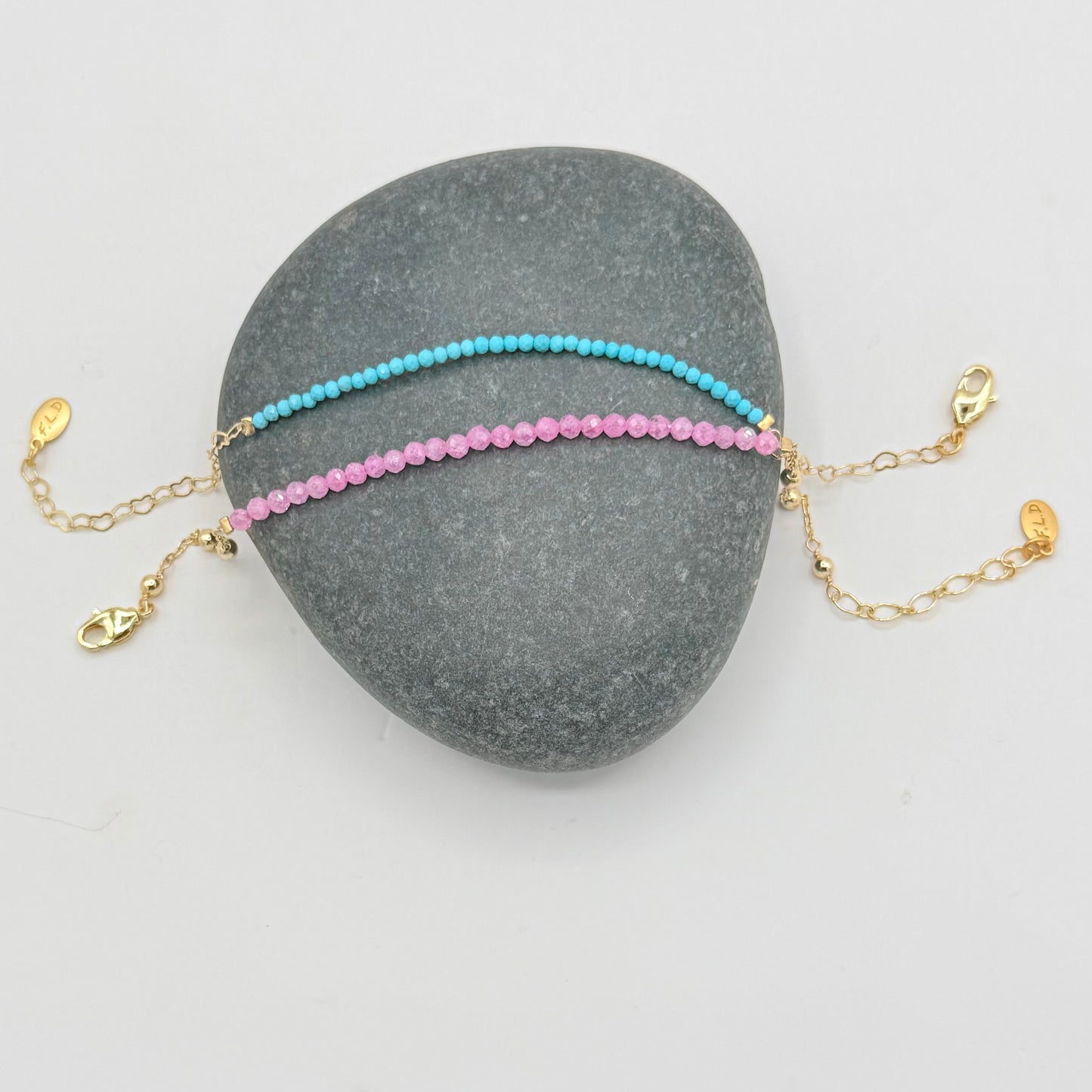 Rose Pink & BlueTurquoise Delicate Beaded Gold Bracelets