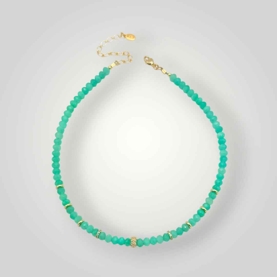 Green Agate Beaded Necklace with Gold Accents | Coastal Gemstone Choker