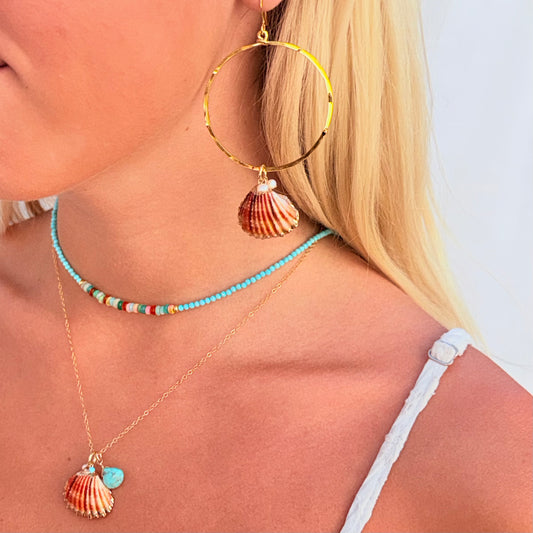 Gold Hoop Earrings with Coral Shells & Pearl Accents