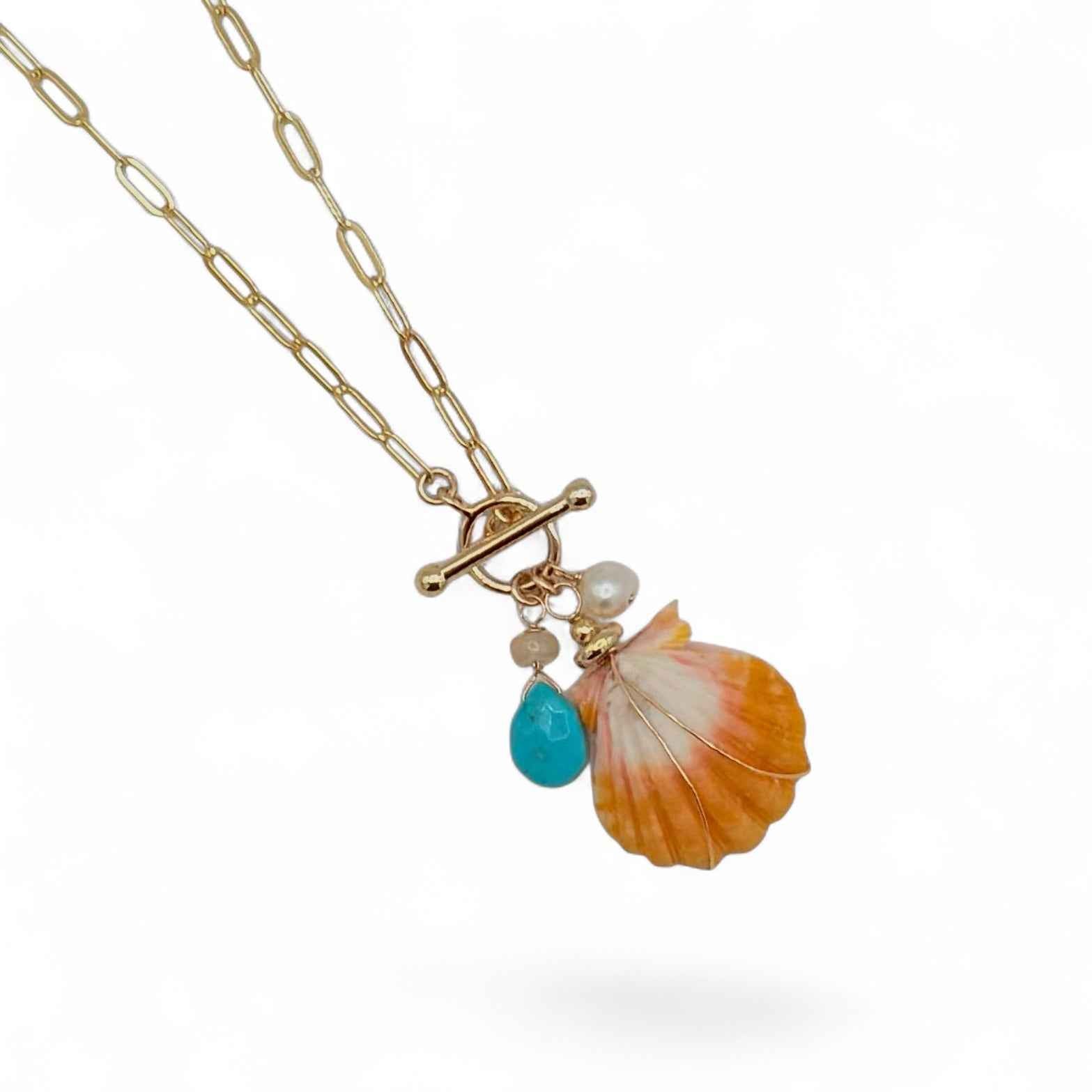 Sunrise Shell Charm Necklace with Pearl & Turquoise Drop