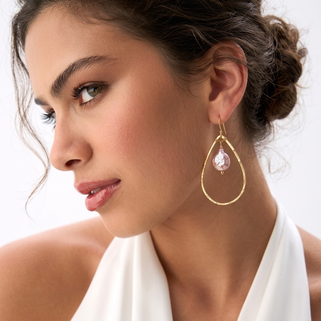 Organic Teardrop Hoop Earrings with Pearl Drops