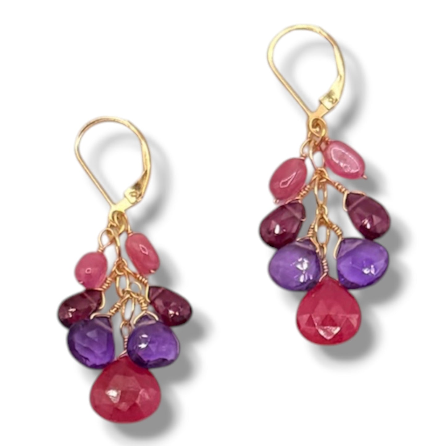 Ruby, Amethyst & Garnet Cluster Earrings, 14K Gold Filled Lever-Back