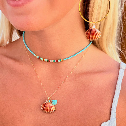 Gold Necklace with Orange Pectin Shell Charm, Turquoise & Pearl Accents