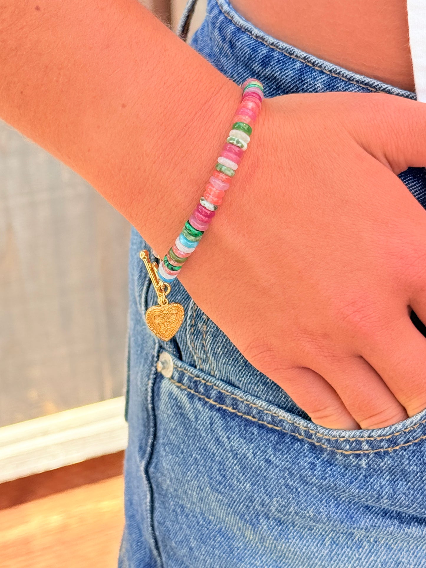 Mixed Gemstone Bracelet with Gold Heart Charm