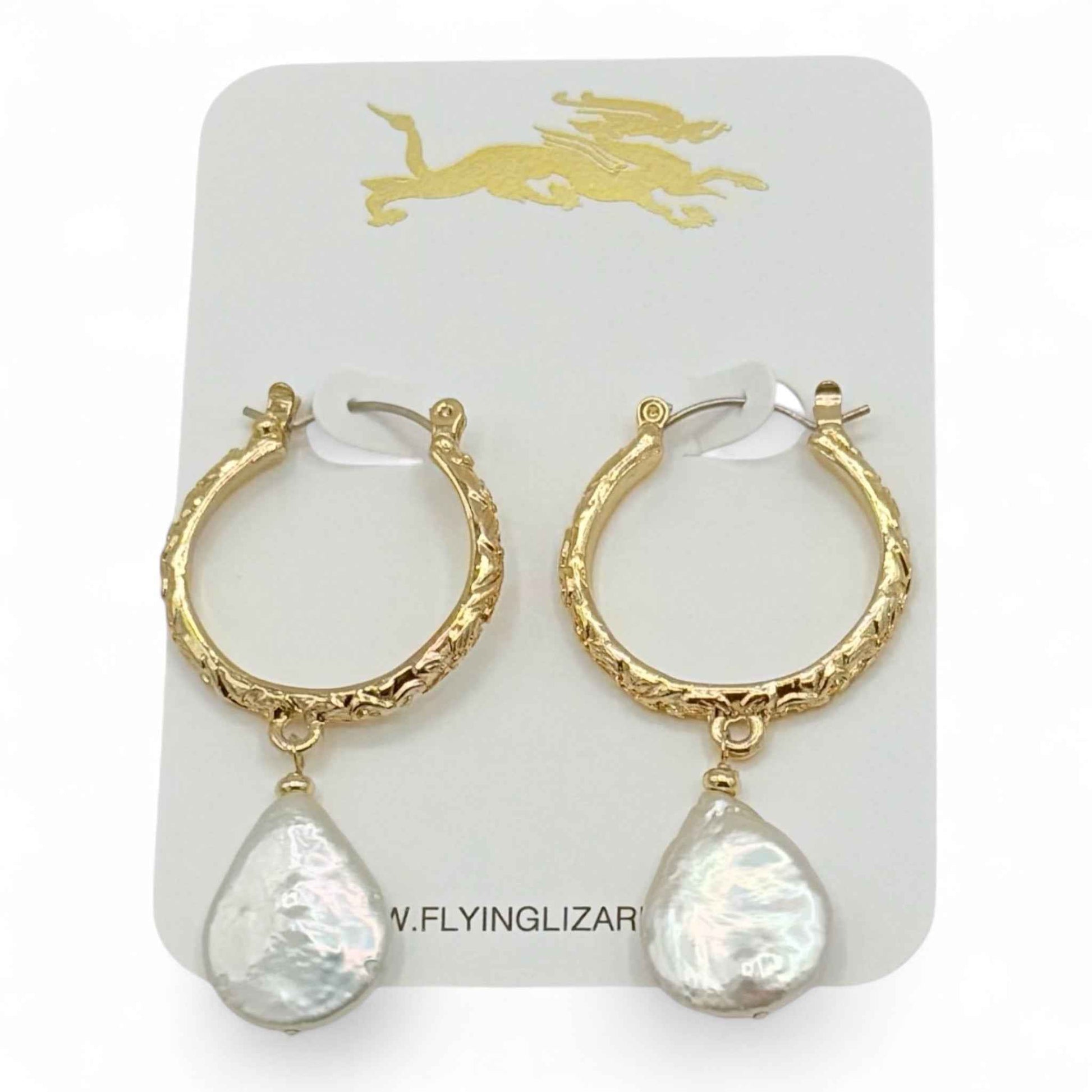 Floral Handmade Gold Hoop Earrings with Pearl or Aqua Drops