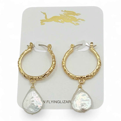 Floral Handmade Gold Hoop Earrings with Pearl or Aqua Drops