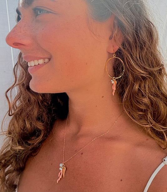 Gold Hoop Earrings with Coral Branch Charms, Heart Charms & Pearl Accents
