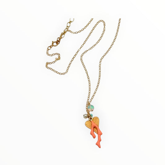 Gold Coral Branch Heart Necklace with Opal, Turquoise & Pearl Accents