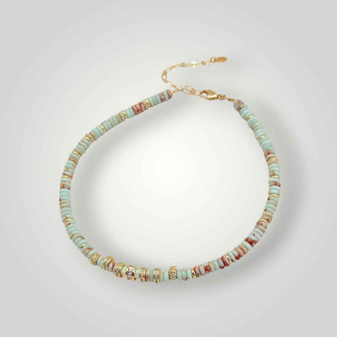 Aqua Jasper Heishi Necklace with Gold Accents -Coastal Beaded Choker