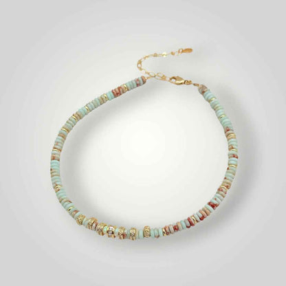 Aqua Jasper Heishi Necklace with Gold Accents -Coastal Beaded Choker
