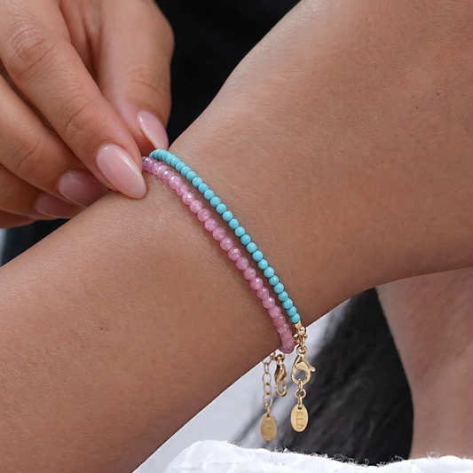Rose Pink & BlueTurquoise Delicate Beaded Gold Bracelets
