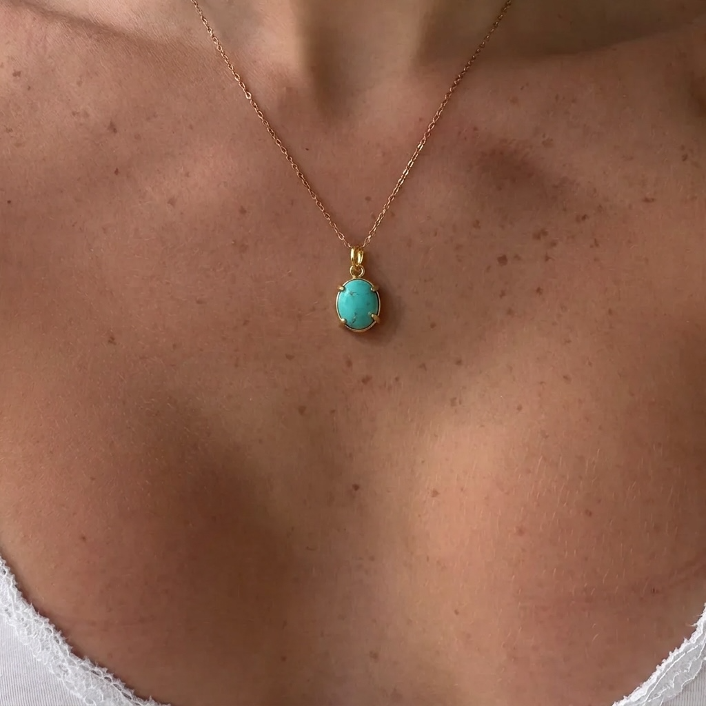 Turquoise Prong-Set Necklace – Oval or Slender Gold Pendant