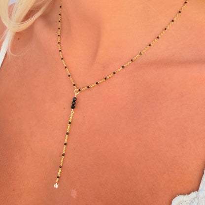 Black and Gold Tiny Beaded Lariat Necklace