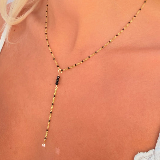 Black and Gold Tiny Beaded Lariat Necklace