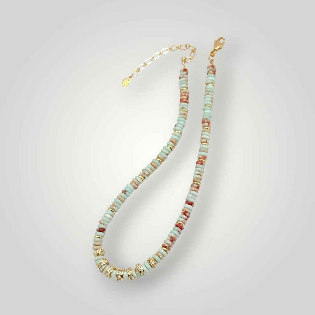 Aqua Jasper Heishi Necklace with Gold Accents -Coastal Beaded Choker