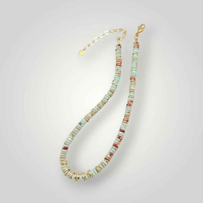 Aqua Jasper Heishi Necklace with Gold Accents -Coastal Beaded Choker