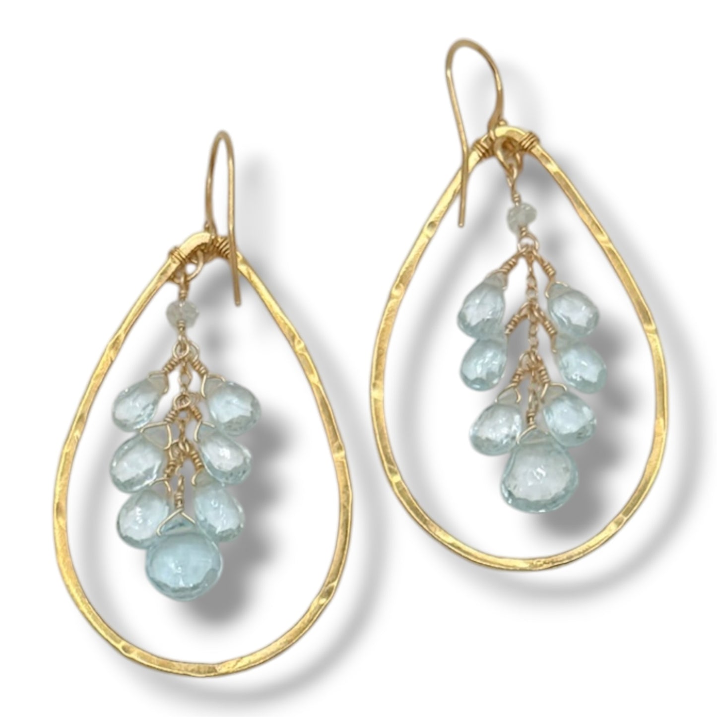18K Gold Vermeil Hammered Teardrop Hoop Earrings with Blue Topaz