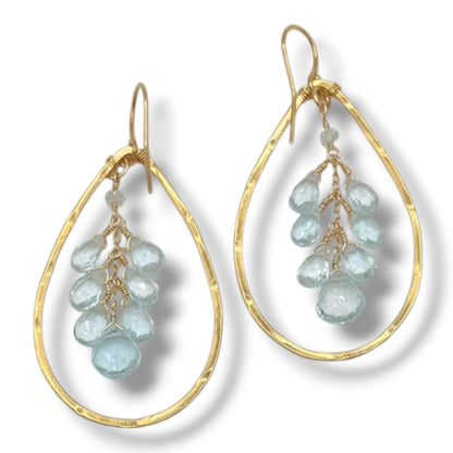 18K Gold Vermeil Hammered Teardrop Hoop Earrings with Blue Topaz