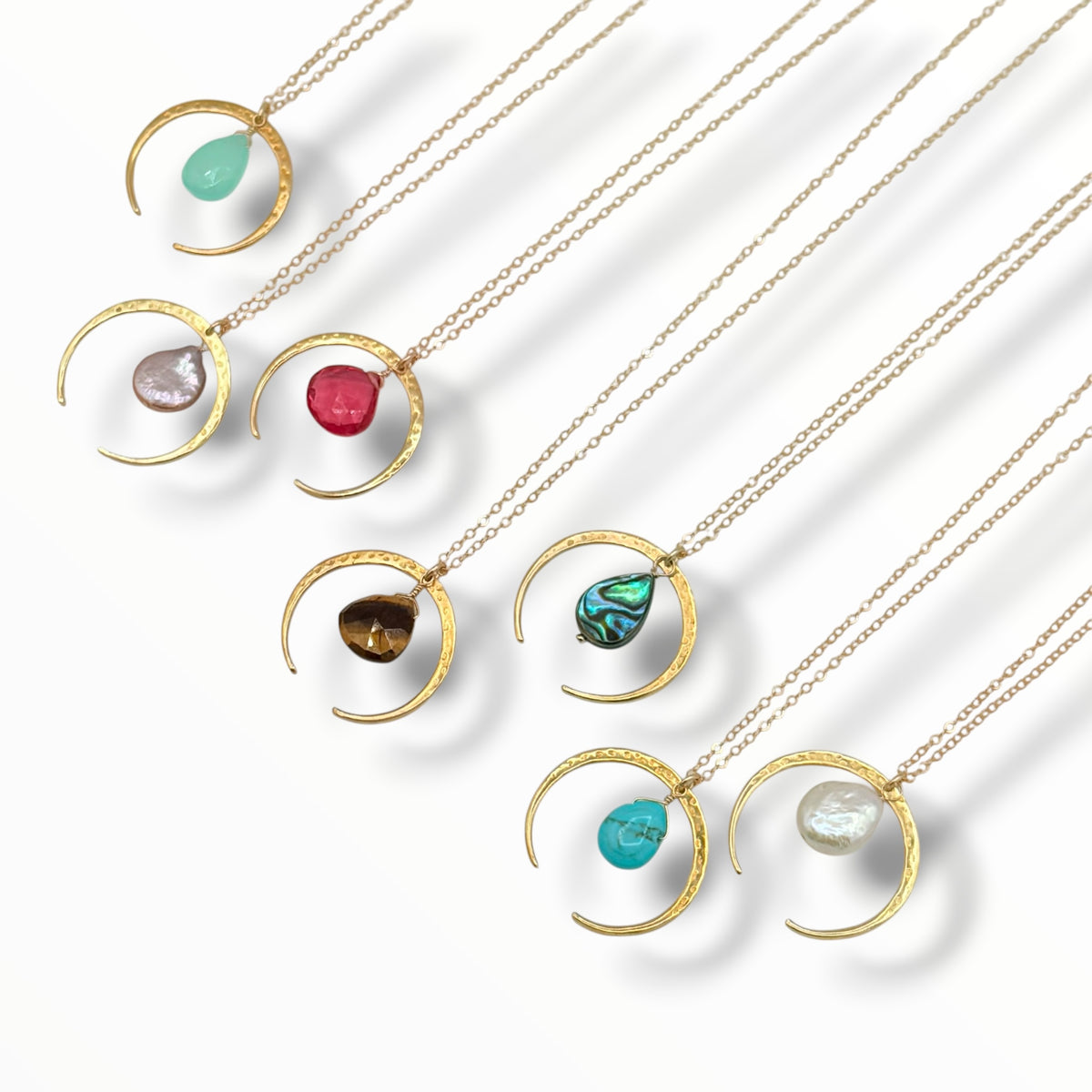Gold Crescent Moon & Gem Drop Necklace