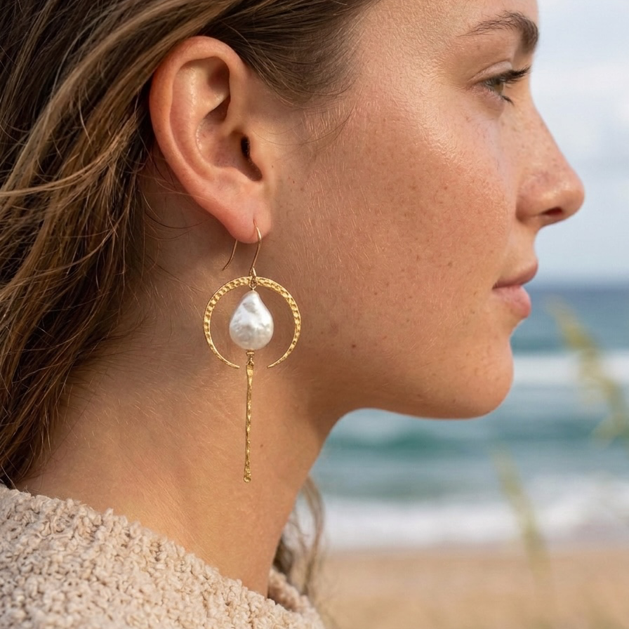 Gold Crescent Moon with Abalone or Pearl Teardrops