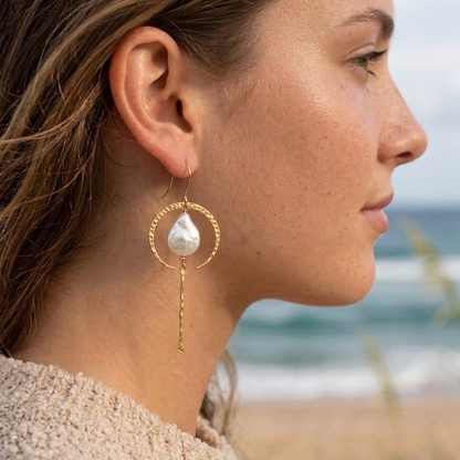 Gold Crescent Moon with Abalone or Pearl Teardrops