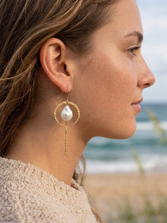 Gold Crescent Moon with Abalone or Pearl Teardrops