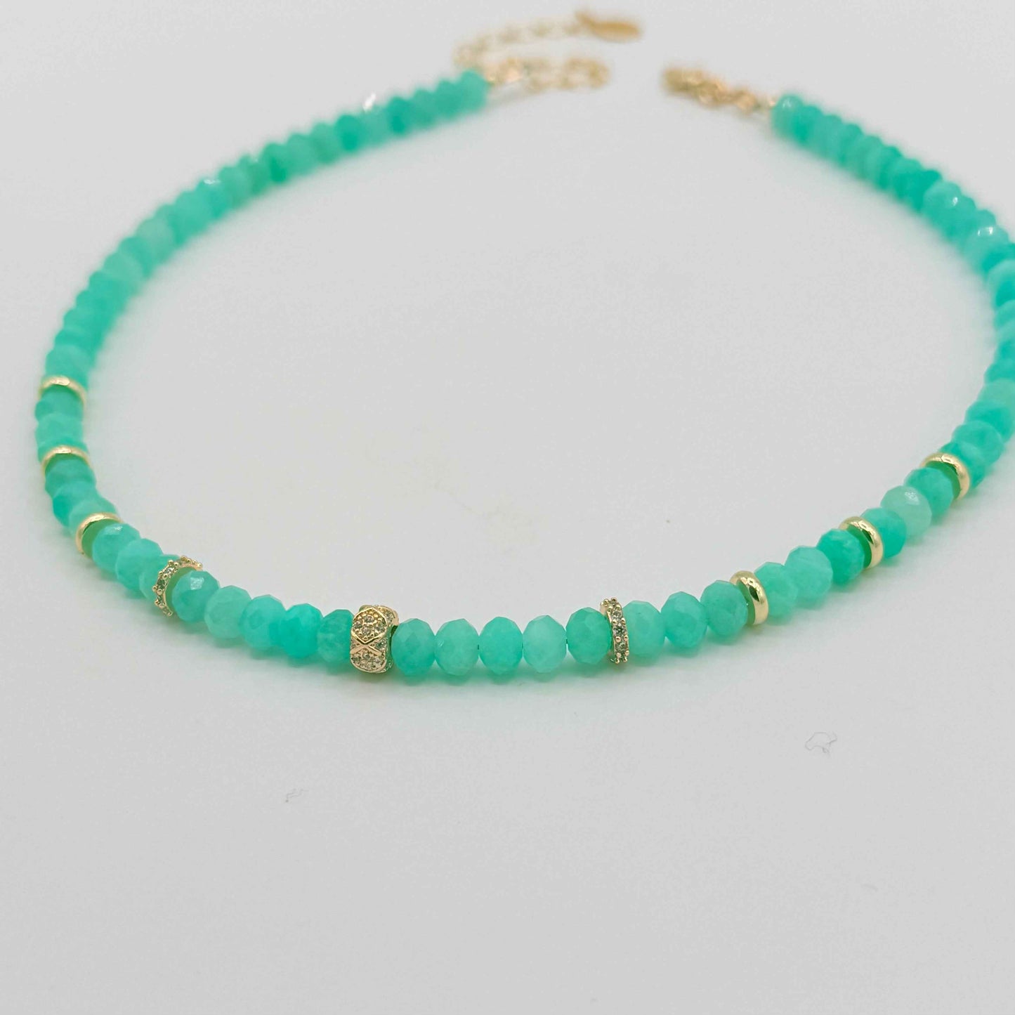 Green Agate Beaded Necklace with Gold Accents | Coastal Gemstone Choker