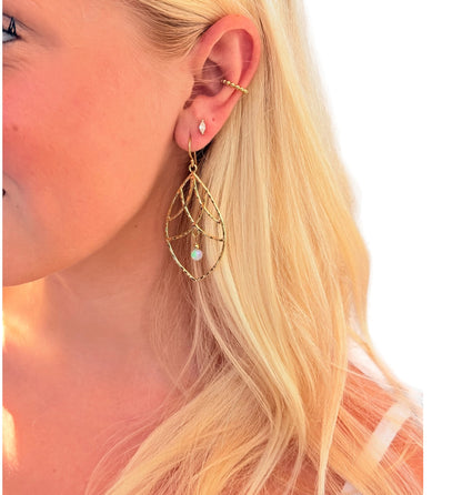 Gold Palm Frond & Opal Drop Earrings