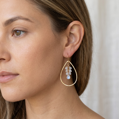 18K Gold Vermeil Hammered Teardrop Hoop Earrings with Moonstone
