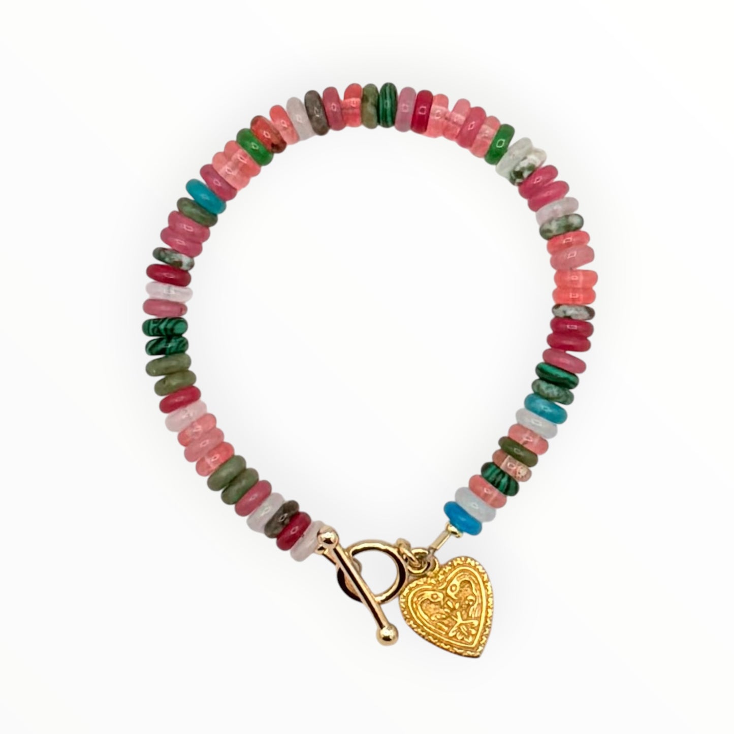 Mixed Gemstone Bracelet with Gold Heart Charm