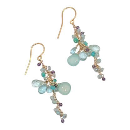 Chalcedony, Blue Topaz & Amethyst Cluster Earrings