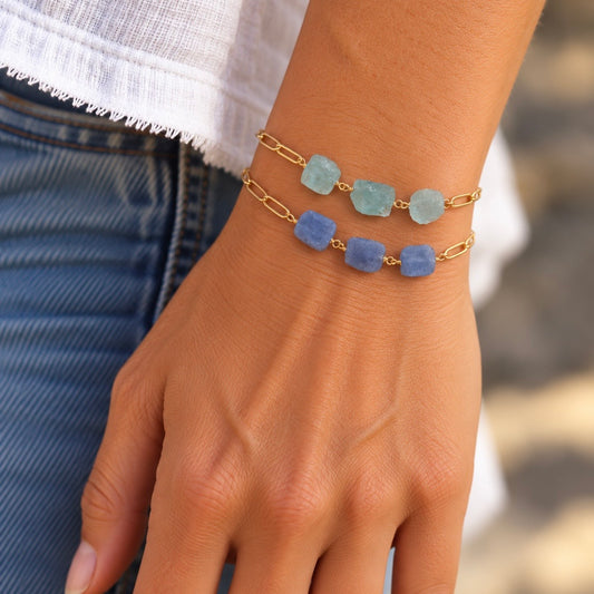 Rock Paper Scissors Raw Gemstone & Gold Chain Bracelet – Tanzanite, Pink Tourmaline, Rose Quartz & Aquamarine