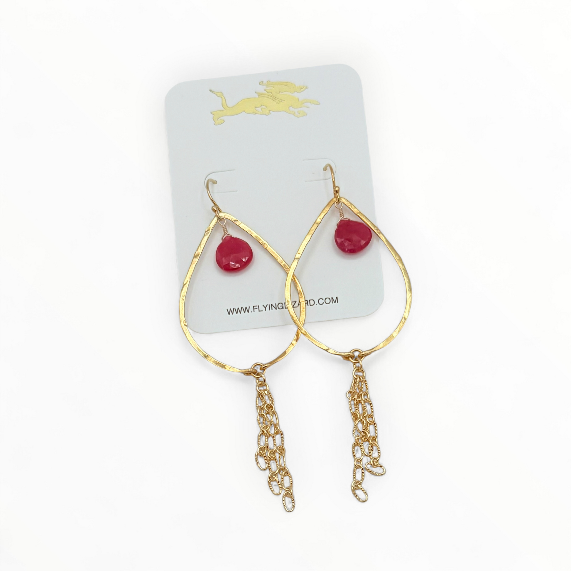 Hammered Leaf Hoop Earrings with Gemstone Drops