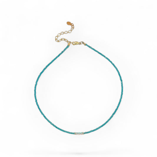 2mm Teal Apatite Bead Necklace with Opal & Gold Accent