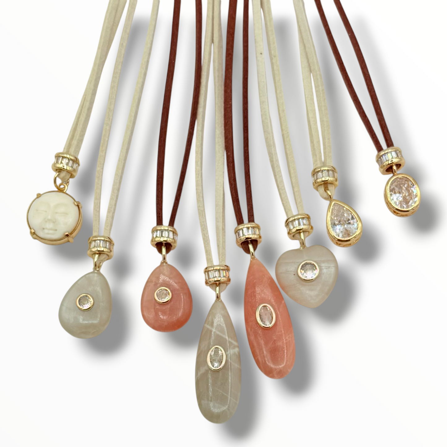 Desert Moon Gemstone Cord Necklace – Moonstone, Zircon & Carved Bone